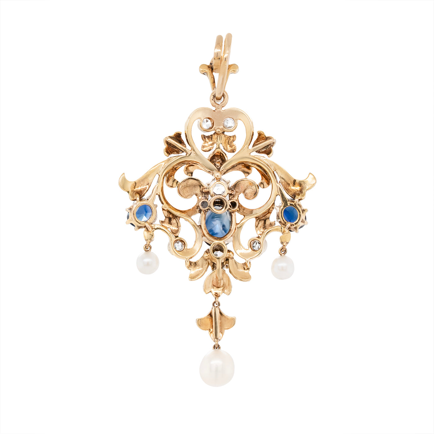 19th Century Enamel, Sapphire, Diamond and Pearl Pendant-Charlotte Sayers Antique Jewellery