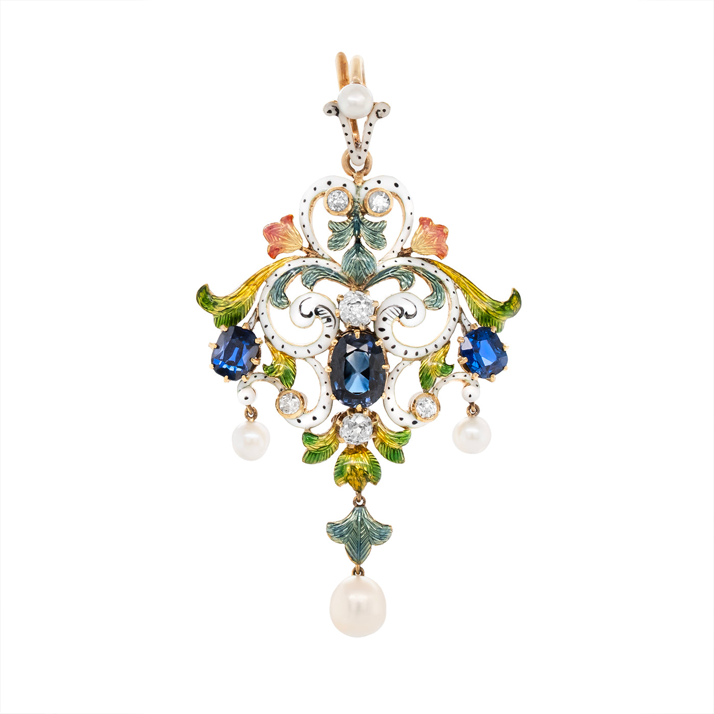 19th Century Enamel, Sapphire, Diamond and Pearl Pendant-Charlotte Sayers Antique Jewellery