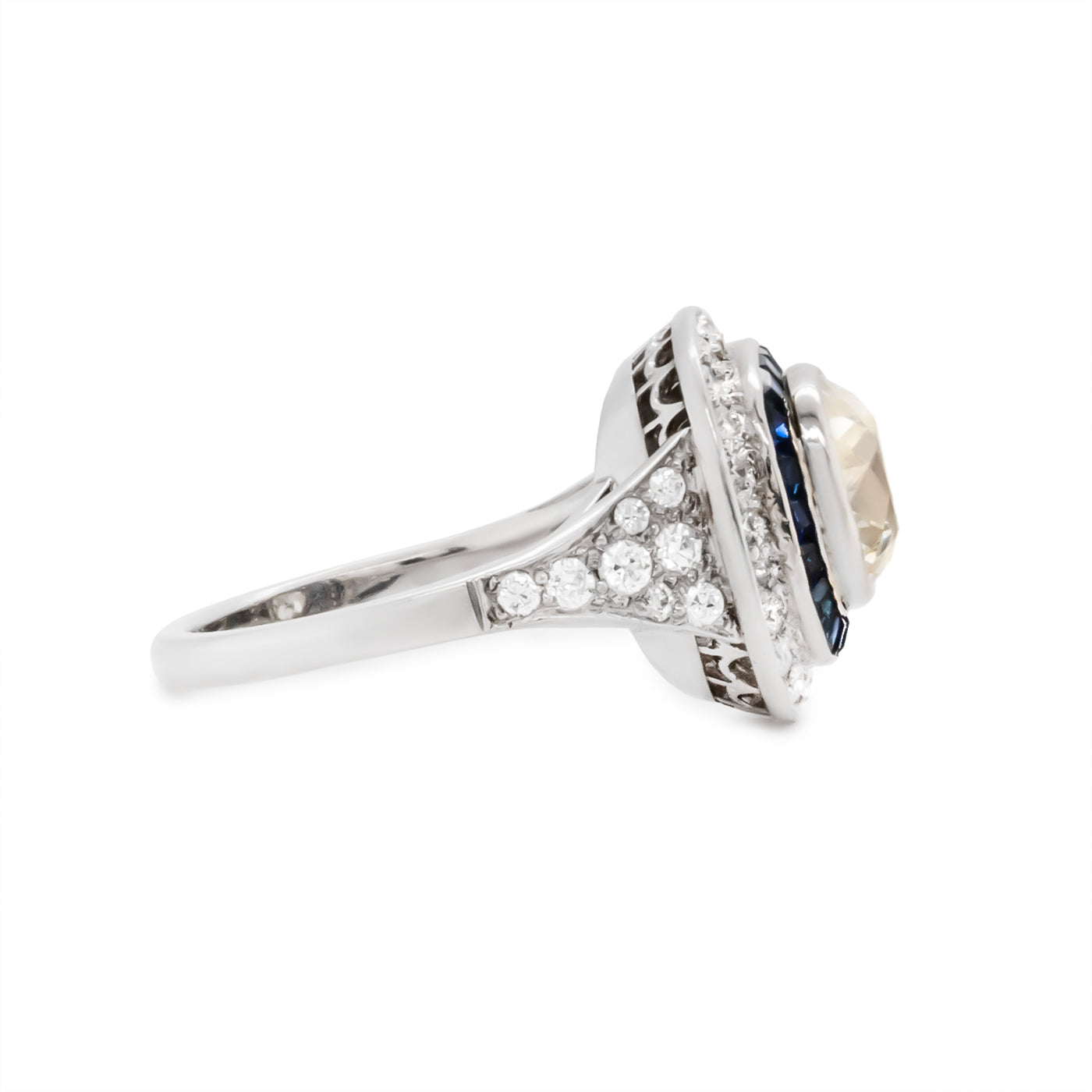 Art Deco Inspired Cushion Cut Diamond and Sapphire Ring-Charlotte Sayers Antique Jewellery