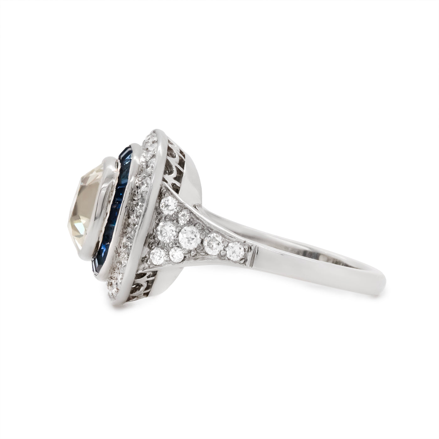 Art Deco Inspired Cushion Cut Diamond and Sapphire Ring-Charlotte Sayers Antique Jewellery
