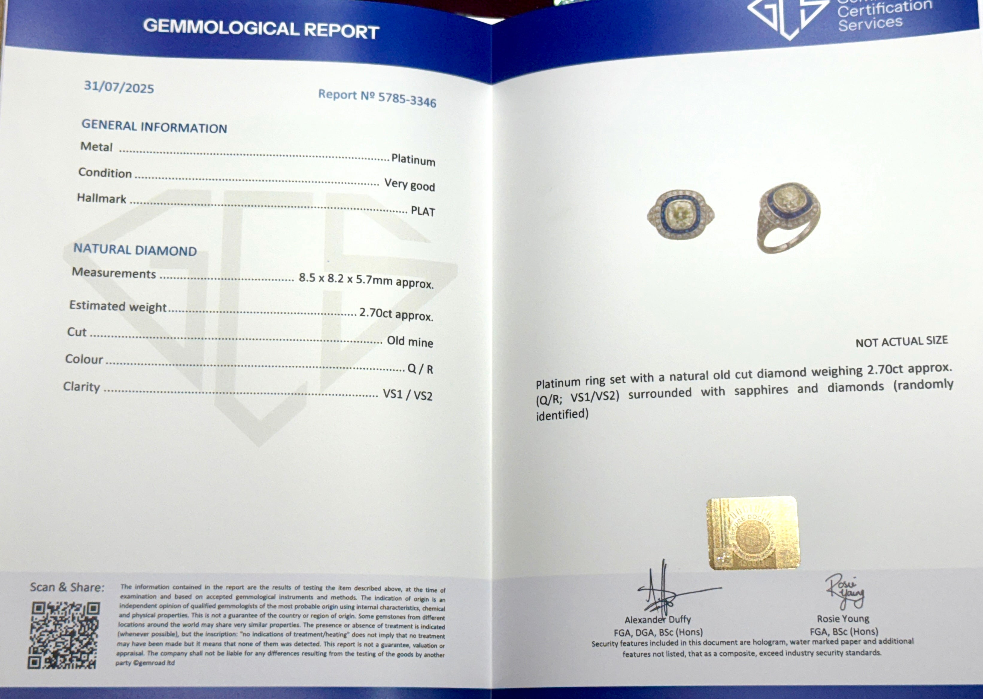 Art Deco Inspired Cushion Cut Diamond and Sapphire Ring-Charlotte Sayers Antique Jewellery