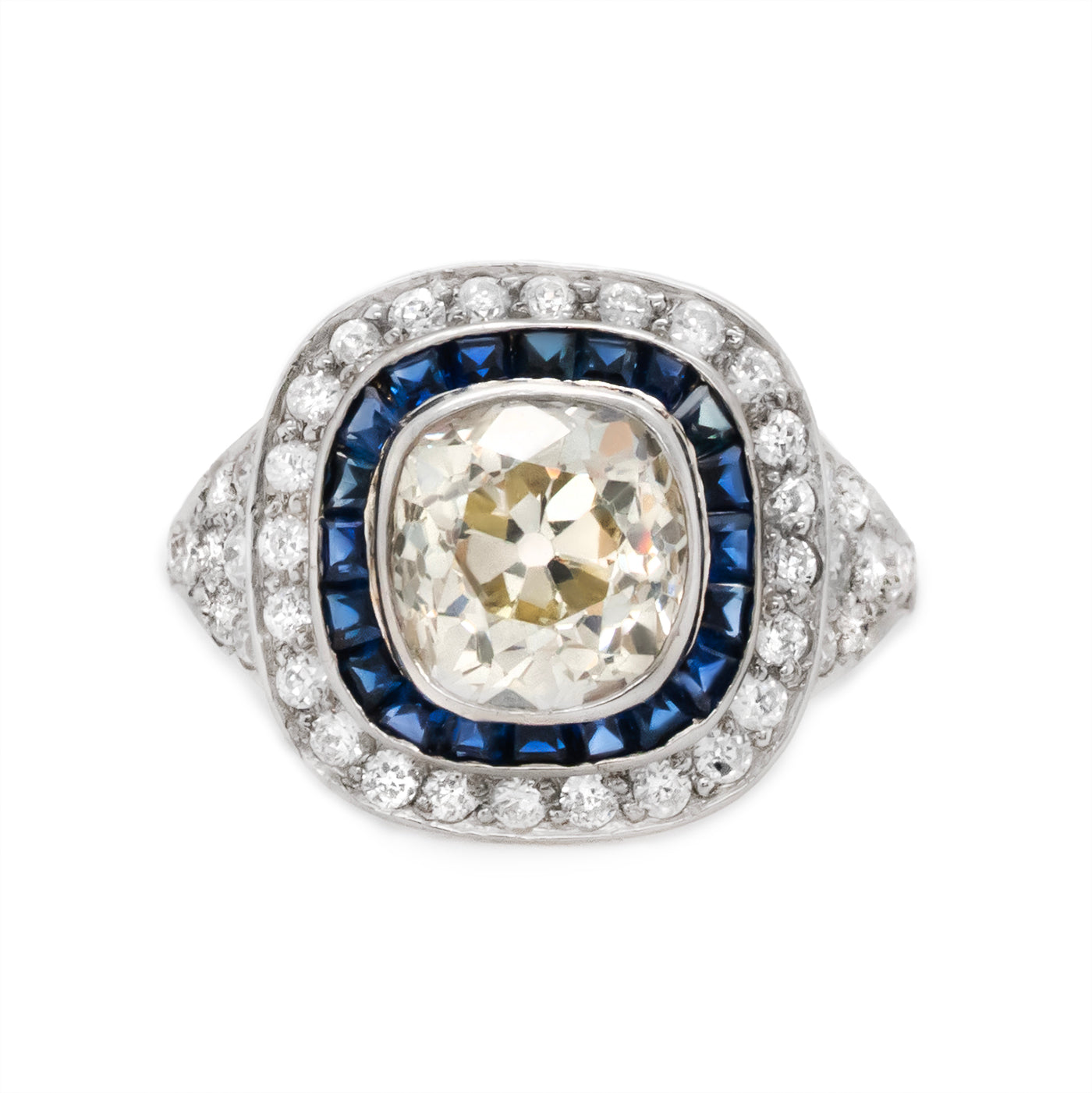 Art Deco Inspired Cushion Cut Diamond and Sapphire Ring-Charlotte Sayers Antique Jewellery