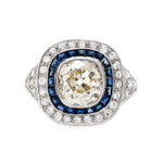 Art Deco Inspired Cushion Cut Diamond and Sapphire Ring-Charlotte Sayers Antique Jewellery