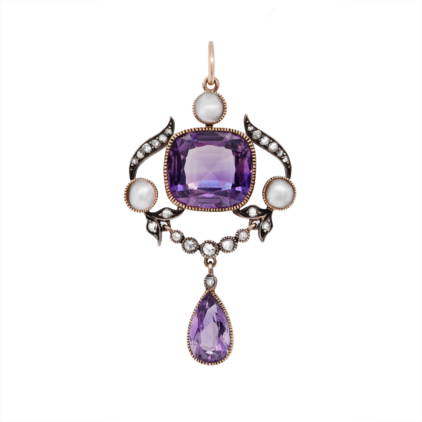 Arts and Crafts Amethyst Diamond and Pearl Pendant-Charlotte Sayers Antique Jewellery