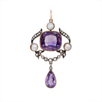 Arts and Crafts Amethyst Diamond and Pearl Pendant-Charlotte Sayers Antique Jewellery