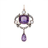 Arts and Crafts Amethyst Diamond and Pearl Pendant-Charlotte Sayers Antique Jewellery