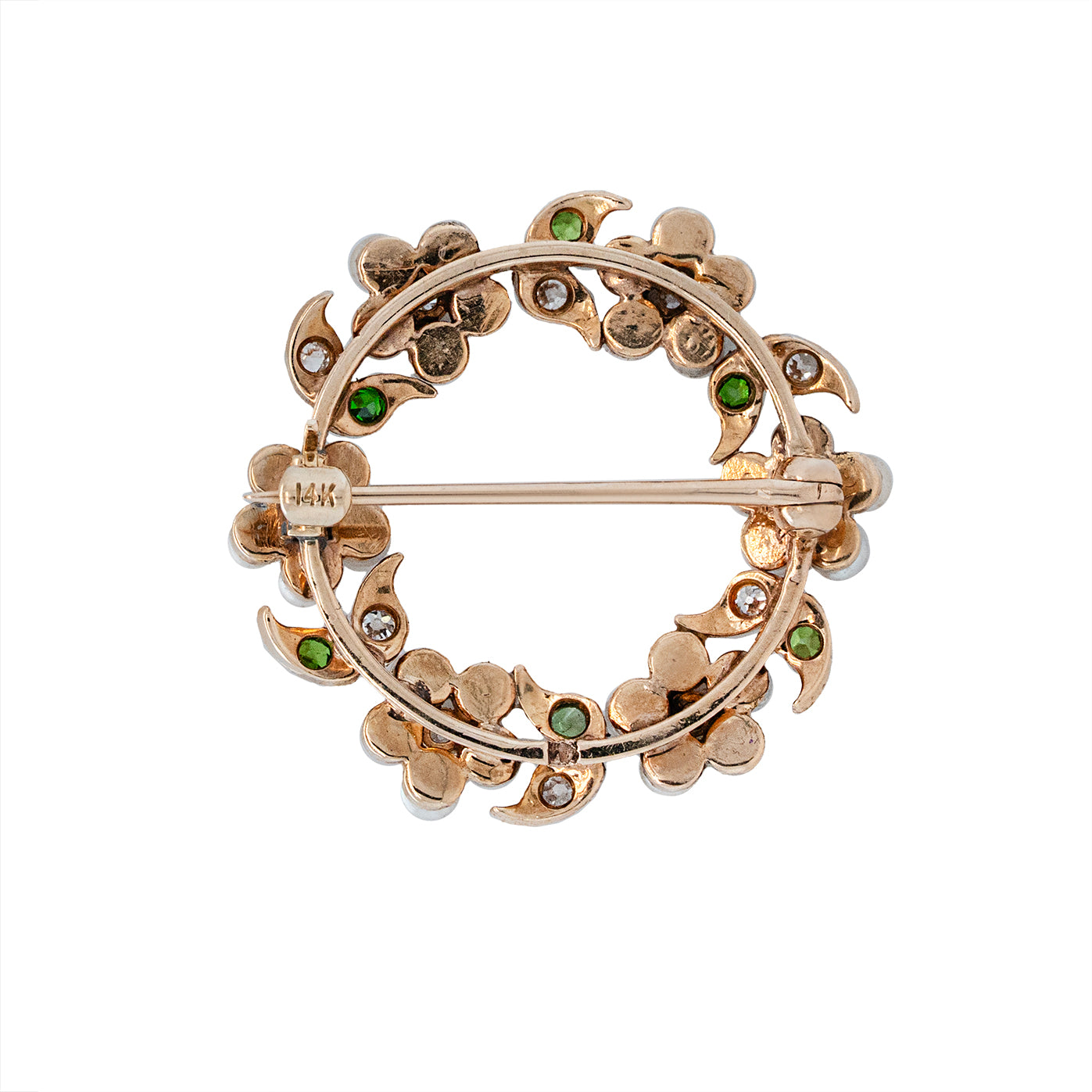 Demantoid Garnet, Diamond & Pearl Wreath Brooch-Charlotte Sayers Antique Jewellery