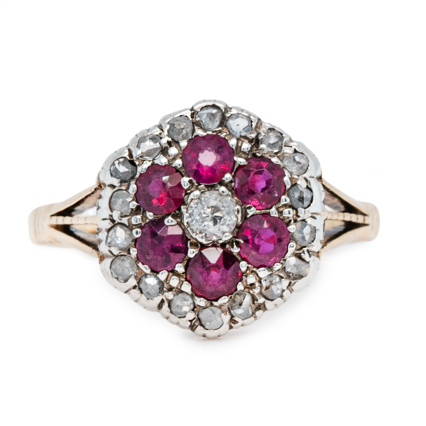 Edwardian Ruby and Diamond Cluster Flower Ring – Charlotte Sayers