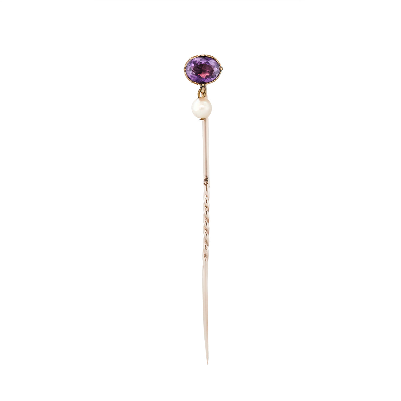Georgian Amethyst and Natural Pearl Stick Pin-Charlotte Sayers Antique Jewellery