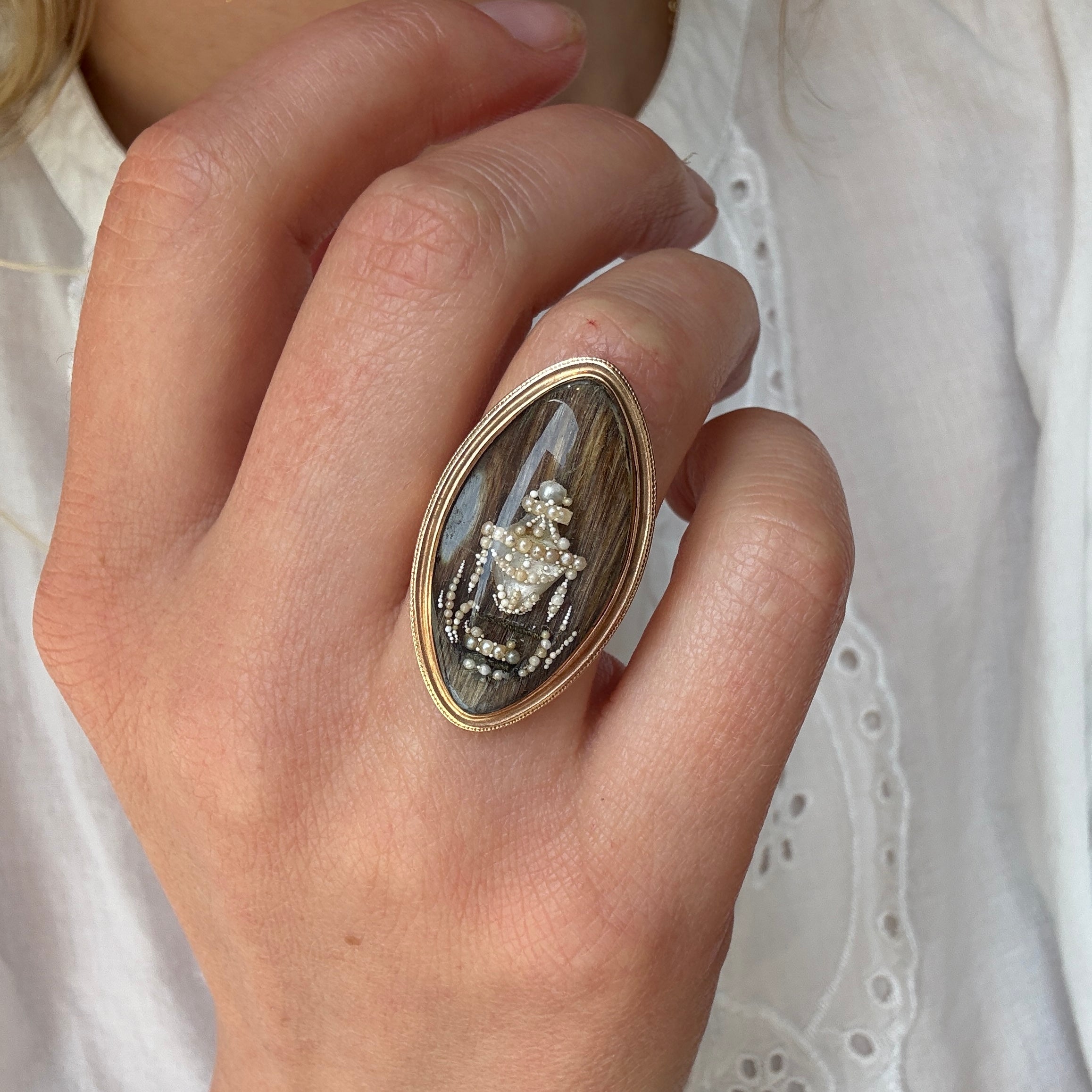 Georgian Pearl and Hair Navette Mourning Ring-Charlotte Sayers Antique Jewellery