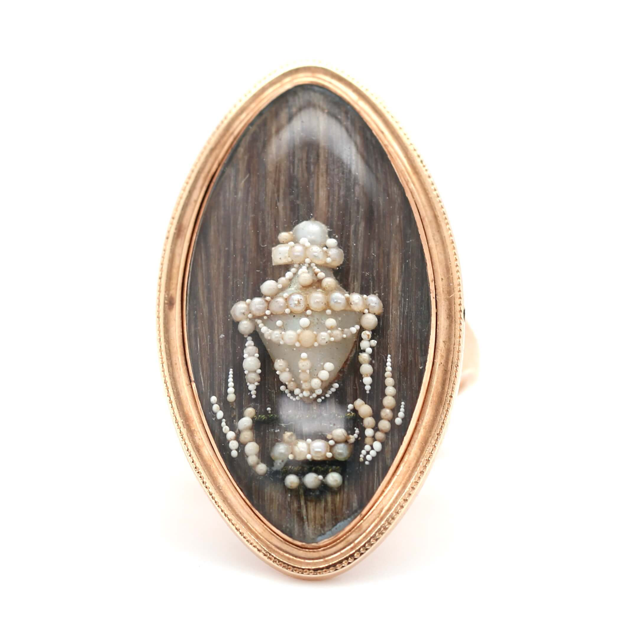 Georgian Pearl and Hair Navette Mourning Ring-Charlotte Sayers Antique Jewellery