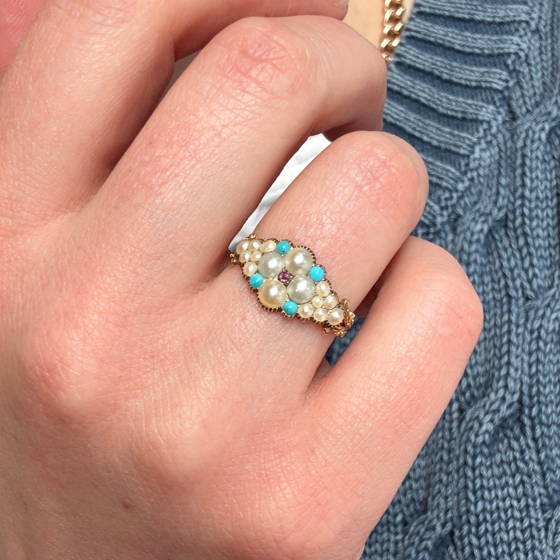 Georgian Pearl and Turquoise Ring-Charlotte Sayers Antique Jewellery