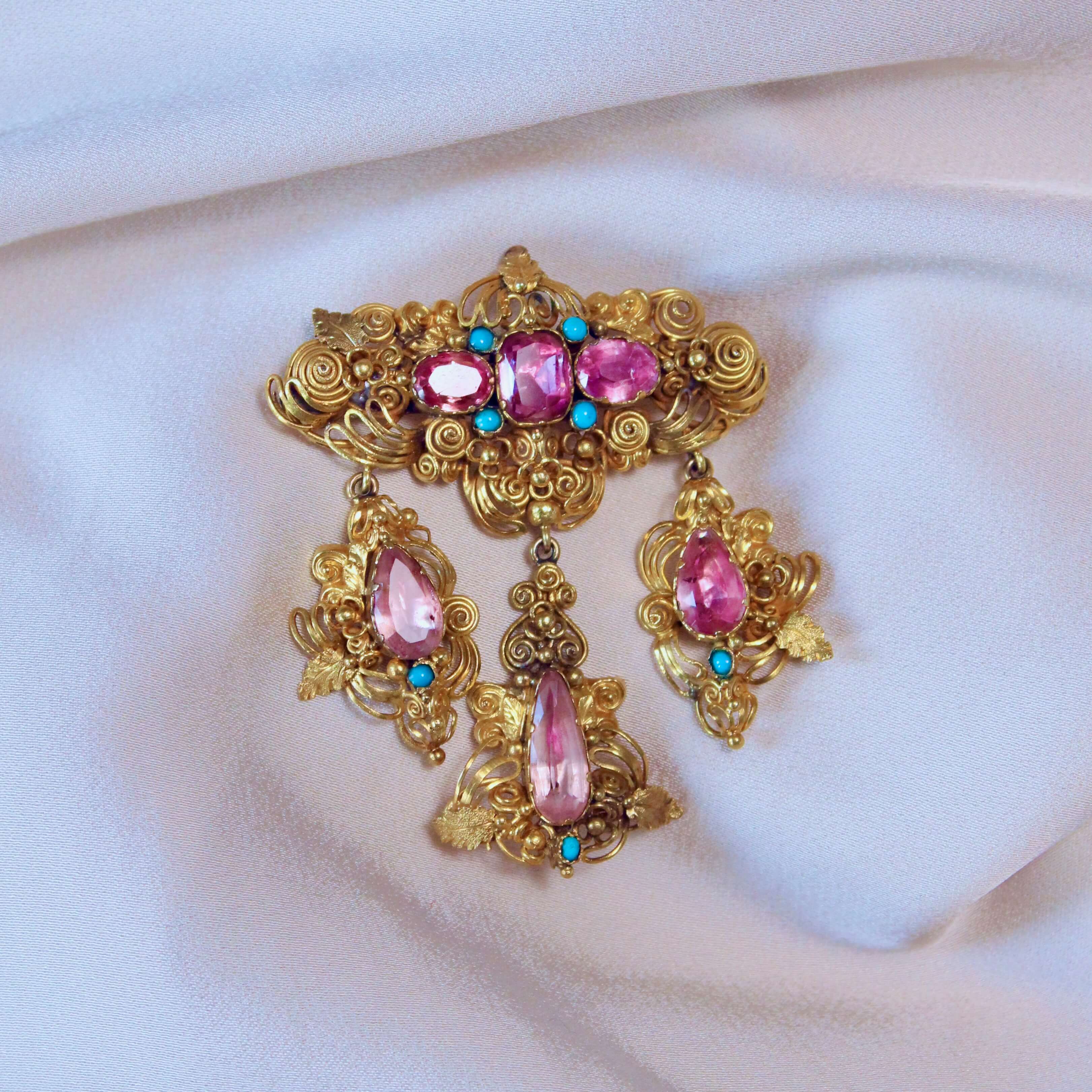 Georgian Pink Topaz and Turquoise Girandole Brooch-Charlotte Sayers Antique Jewellery