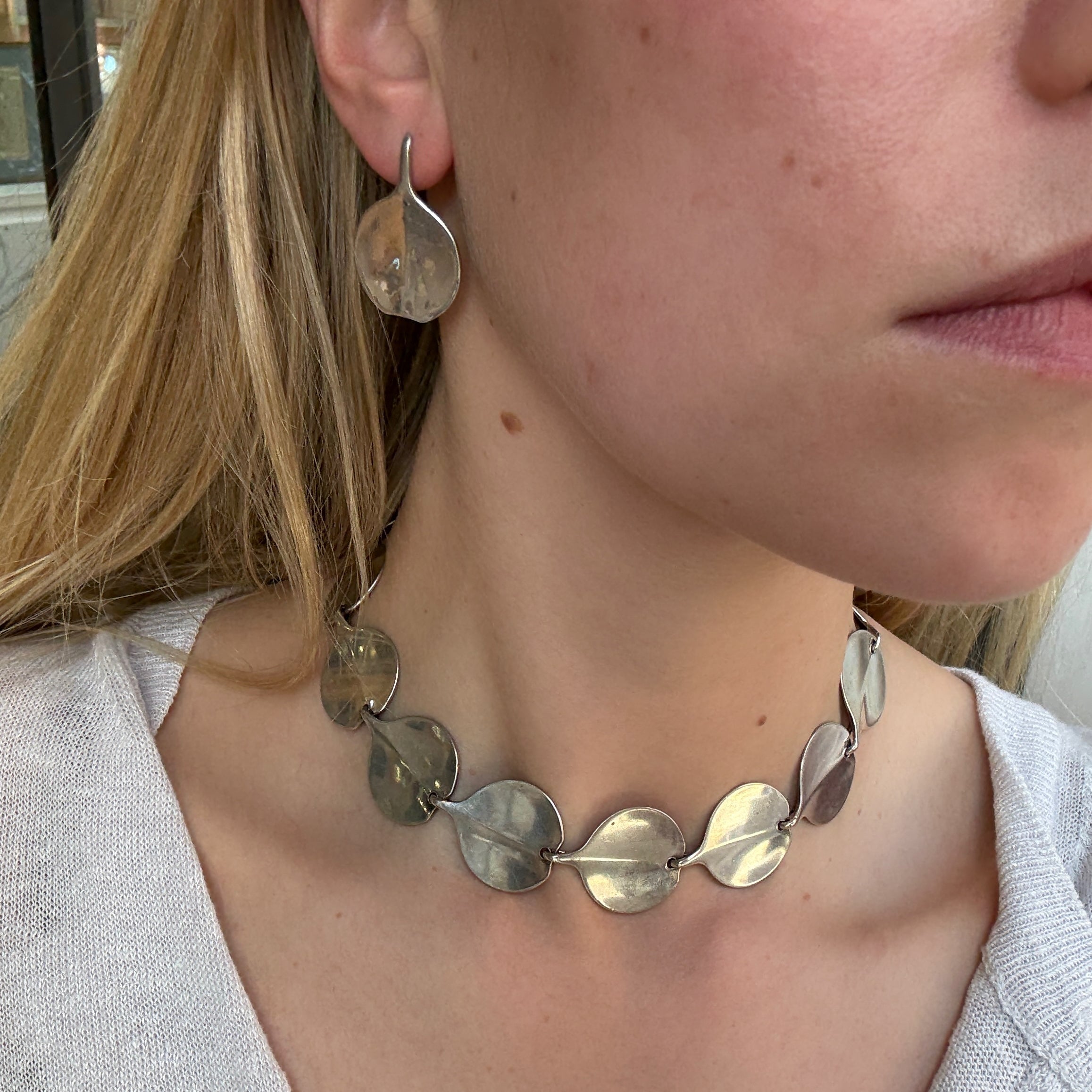Hanson Silver Petal Necklace and Earrings-Charlotte Sayers Antique Jewellery