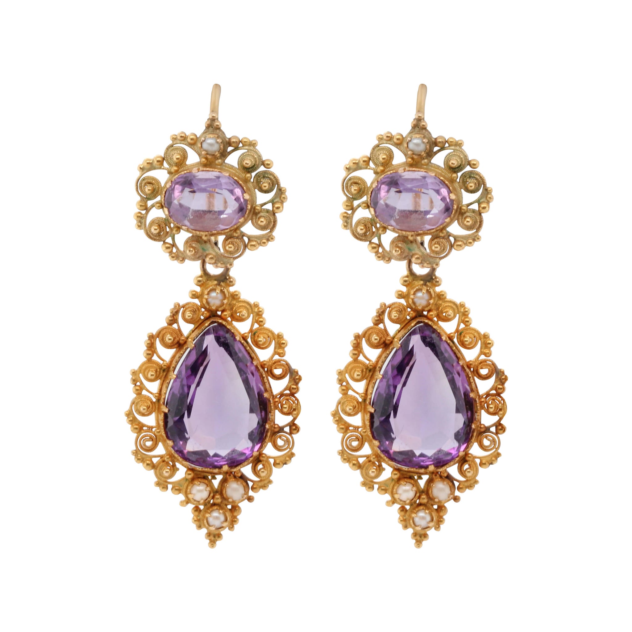 Victorian Amethyst and Pearl Cannetille Earrings