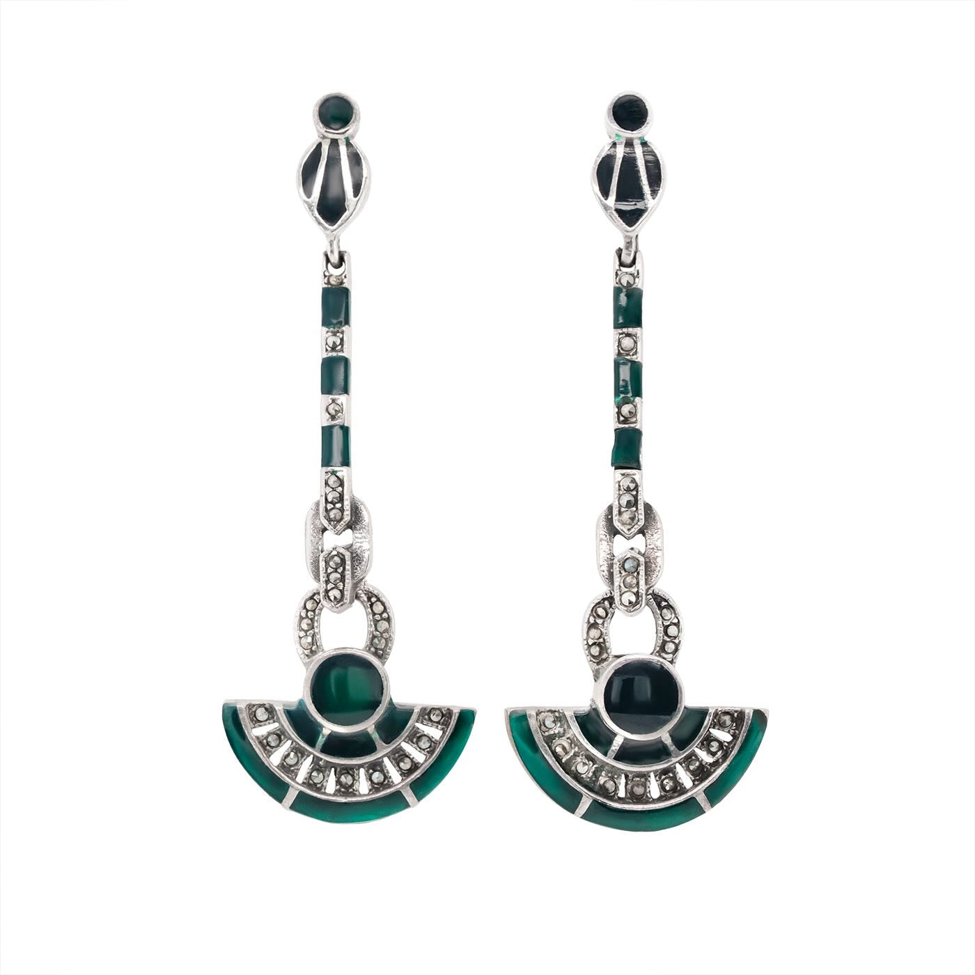 Marcasite & Enamel Earrings-Charlotte Sayers Antique Jewellery