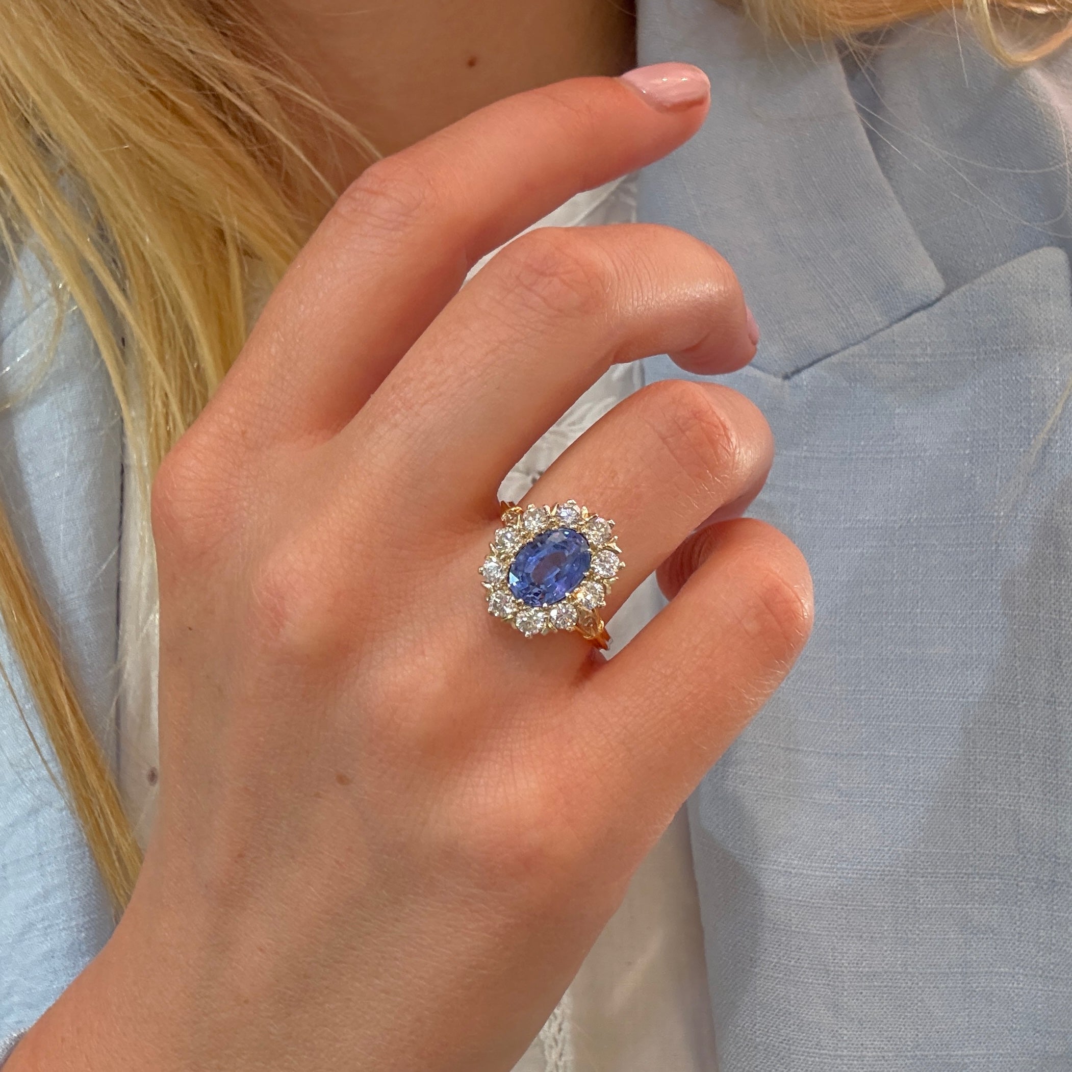 Sri Lankan Sapphire & Diamond Cluster Ring-Charlotte Sayers Antique Jewellery