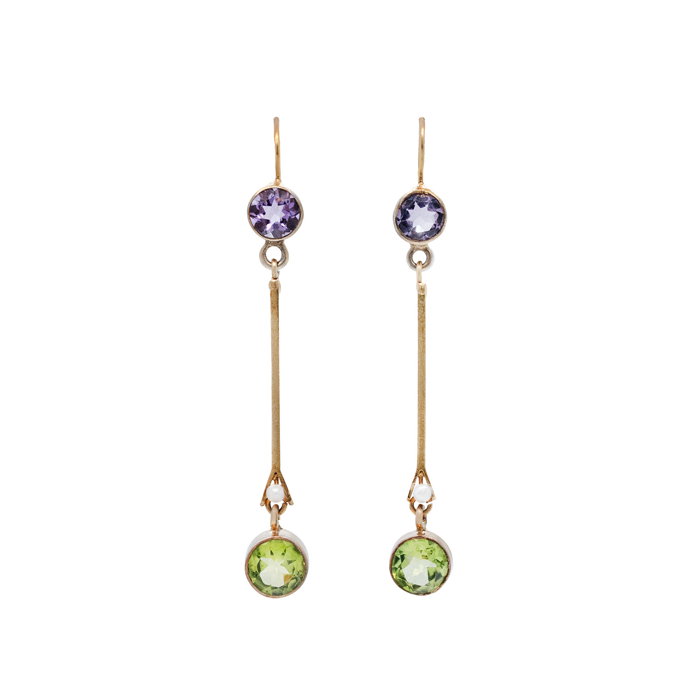 Victorian Amethyst, Peridot and Pearl Drop Earrings-Charlotte Sayers Antique Jewellery