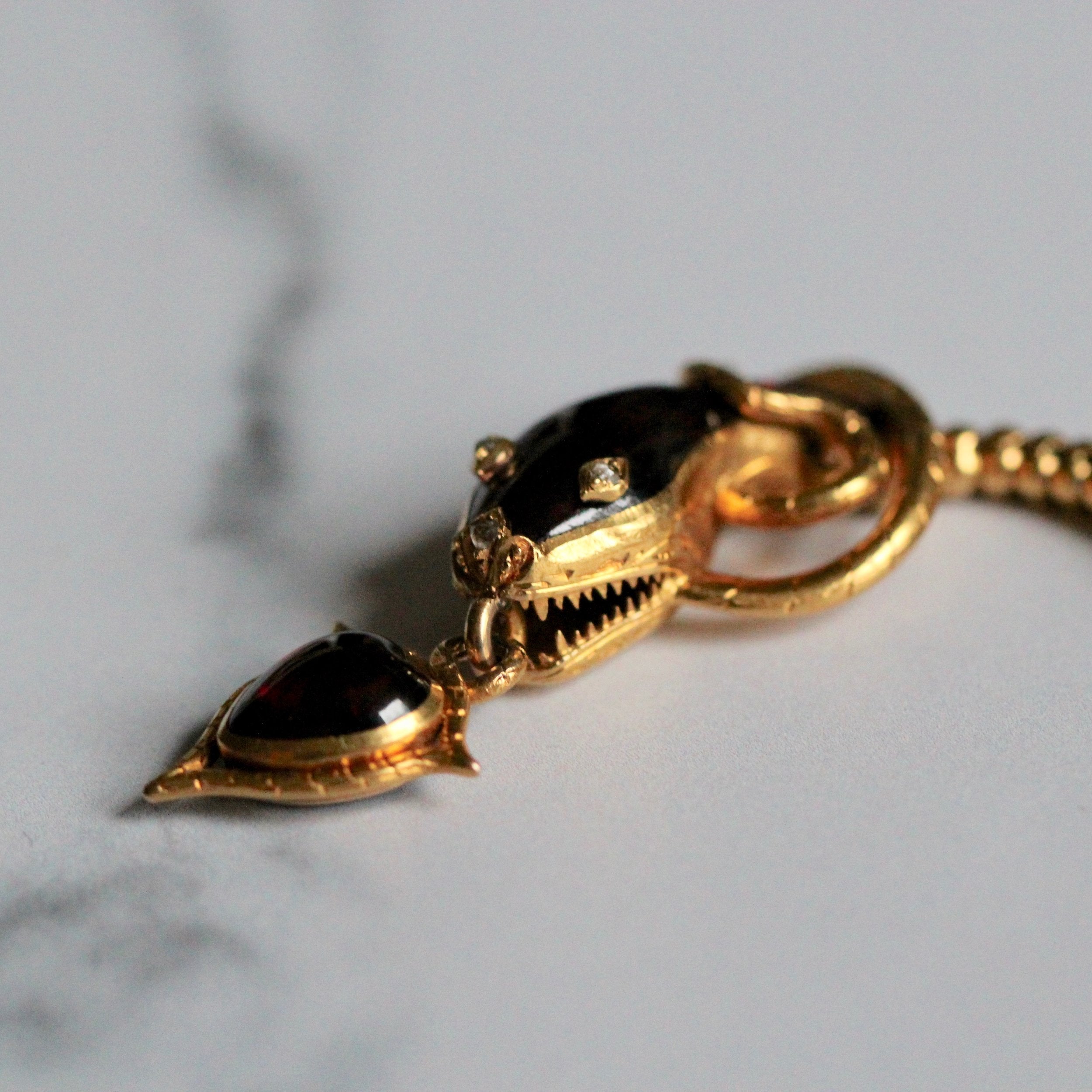 Victorian Cabochon Garnet Snake Necklace with Diamond Eyes-Charlotte Sayers Antique Jewellery