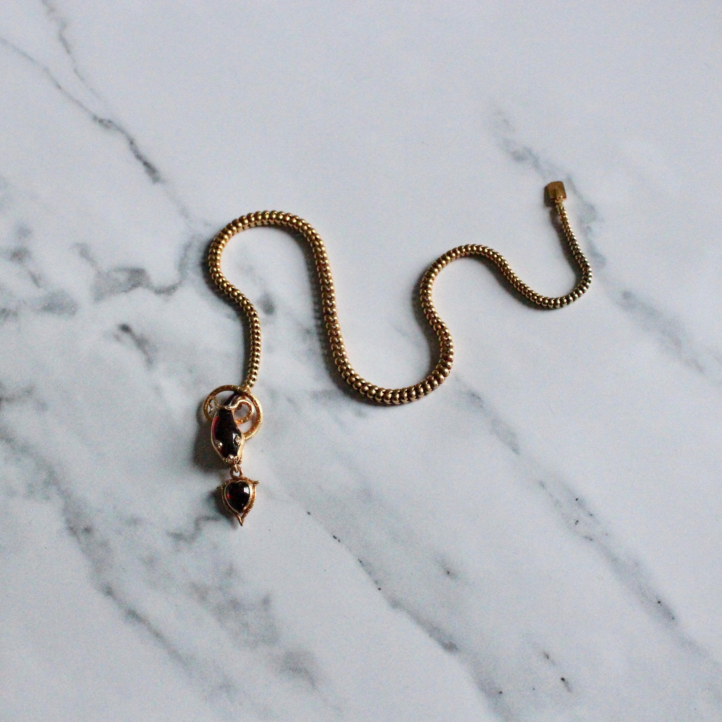 Victorian Cabochon Garnet Snake Necklace with Diamond Eyes-Charlotte Sayers Antique Jewellery