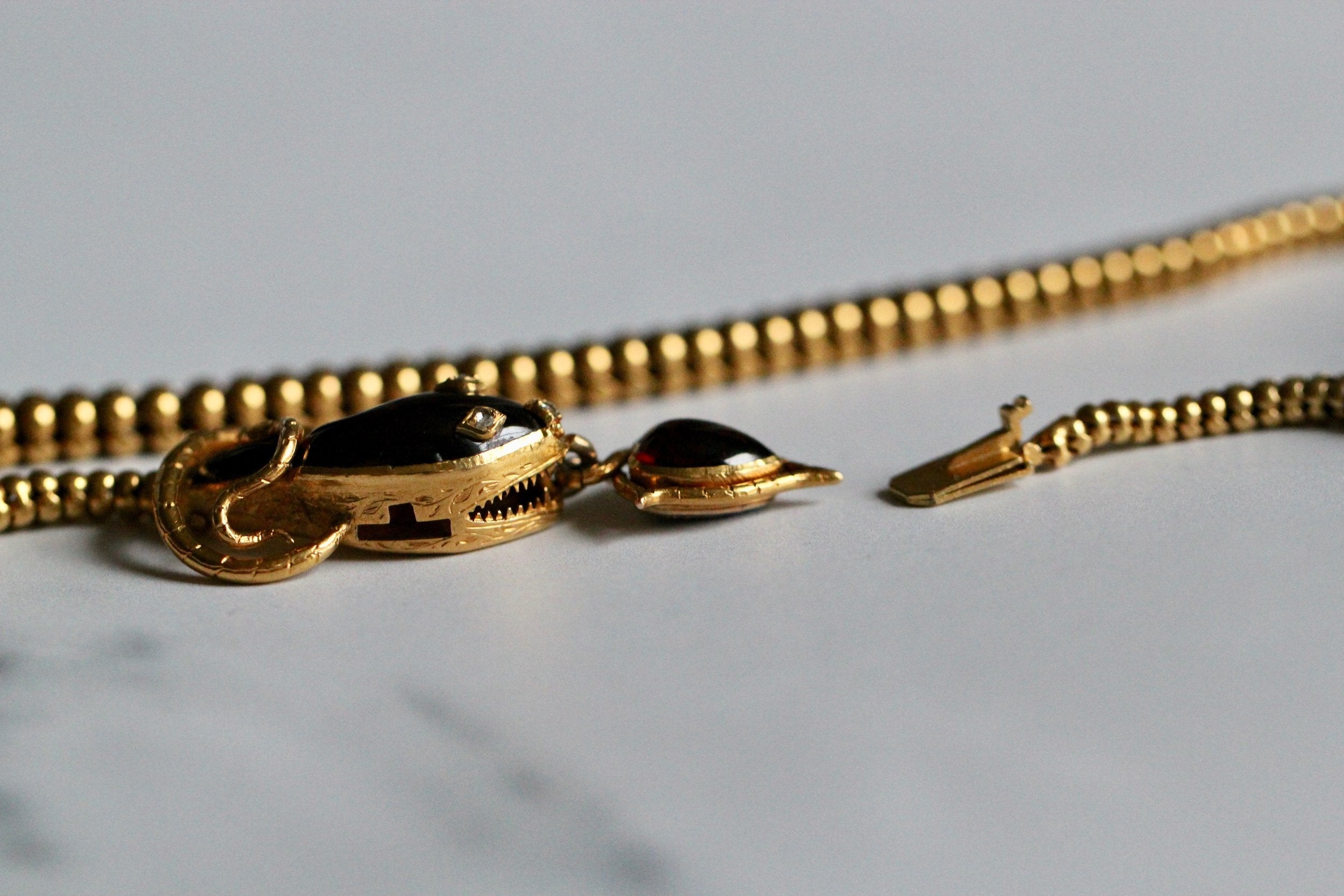 Victorian Cabochon Garnet Snake Necklace with Diamond Eyes-Charlotte Sayers Antique Jewellery