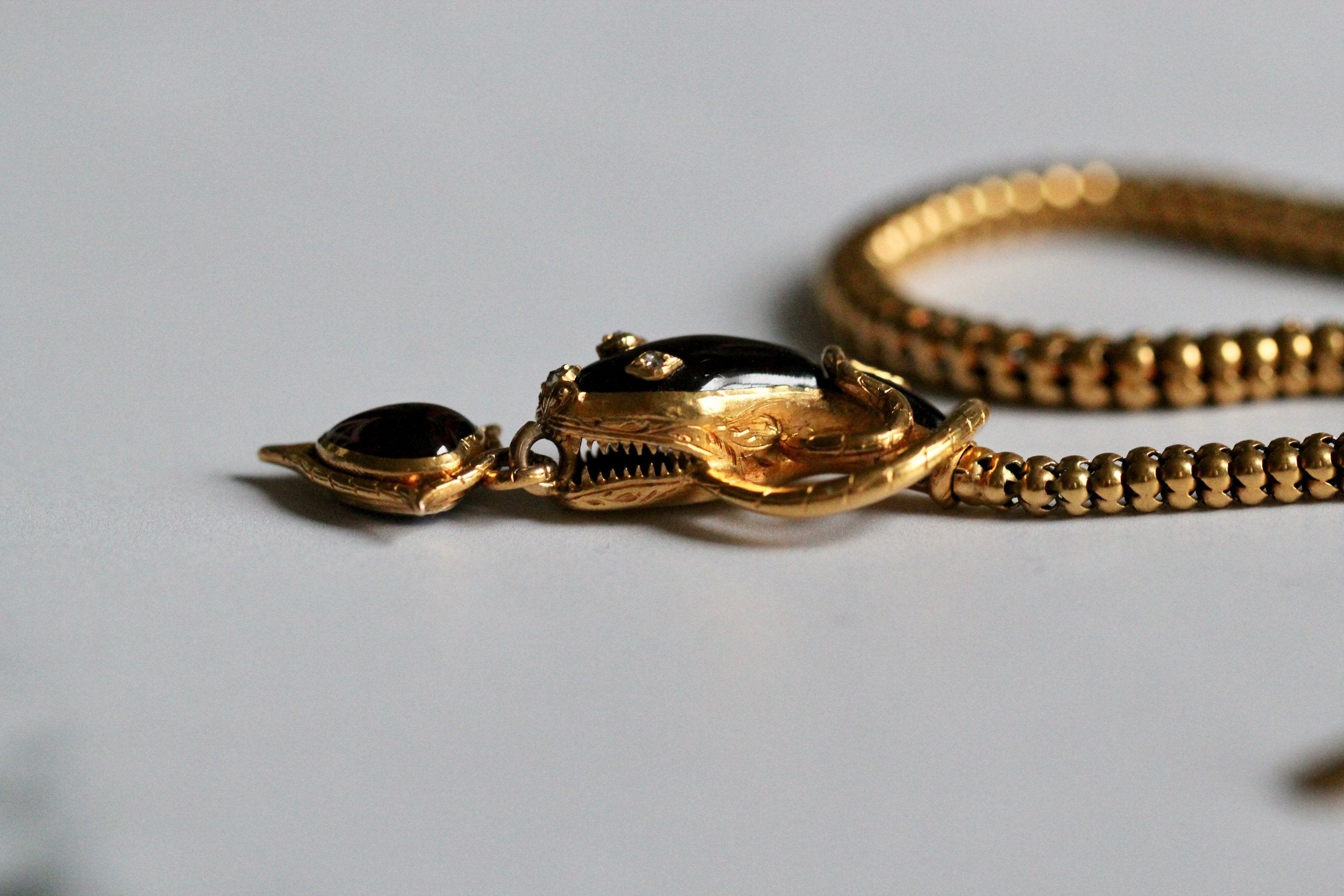 Victorian Cabochon Garnet Snake Necklace with Diamond Eyes-Charlotte Sayers Antique Jewellery