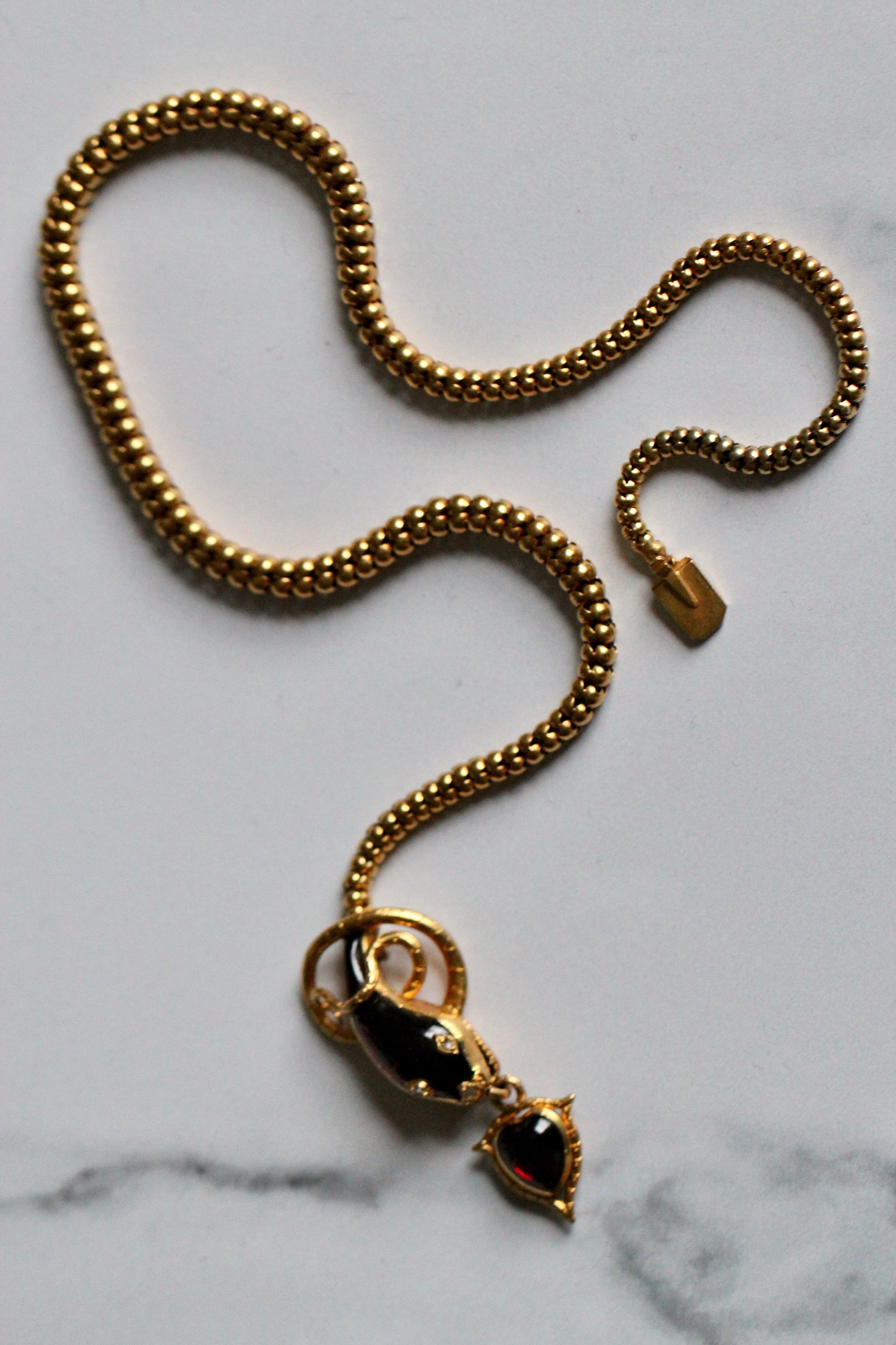 Victorian Cabochon Garnet Snake Necklace with Diamond Eyes-Charlotte Sayers Antique Jewellery