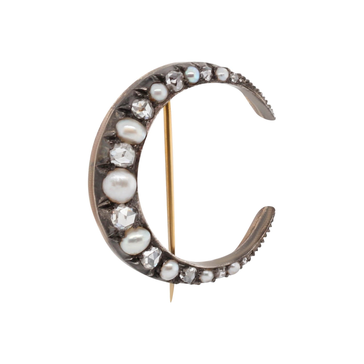 Victorian Diamond and Pearl Crescent Brooch-Charlotte Sayers Antique Jewellery