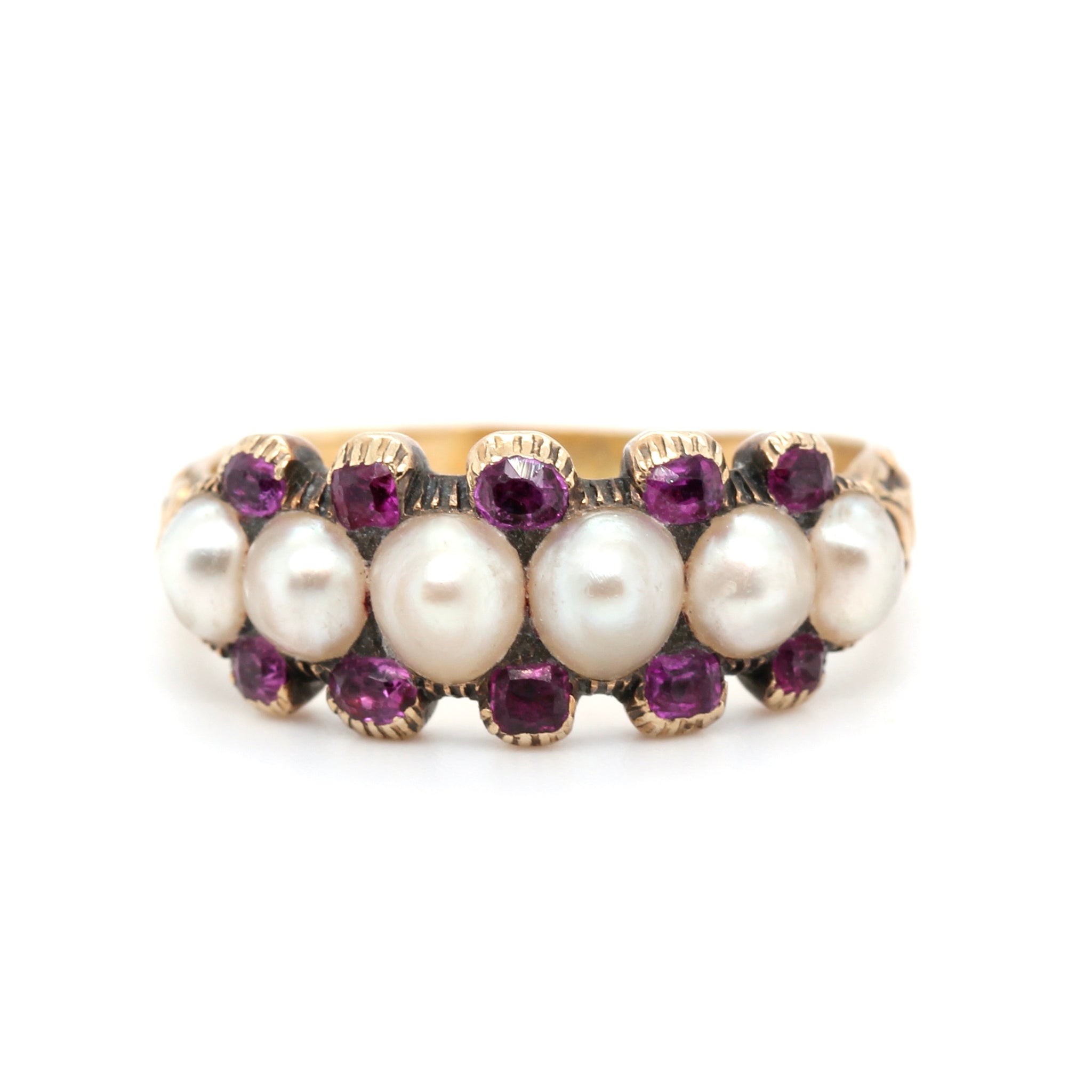 Georgian Natural Pearl and Ruby Line Ring
