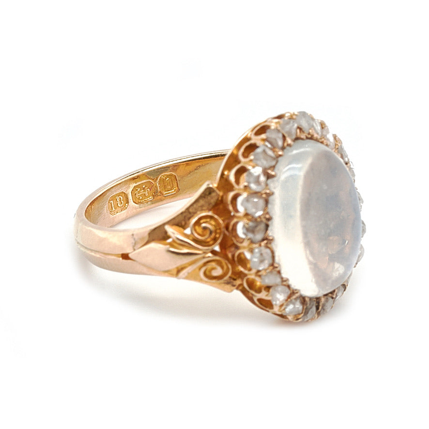 Victorian Oval Moonstone Ring Surrounded by Diamonds