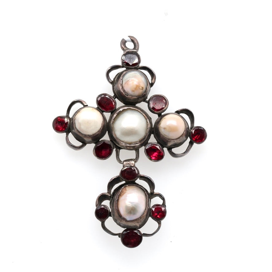 17th Century Garnet and Pearl Cross-Charlotte Sayers Antique Jewellery