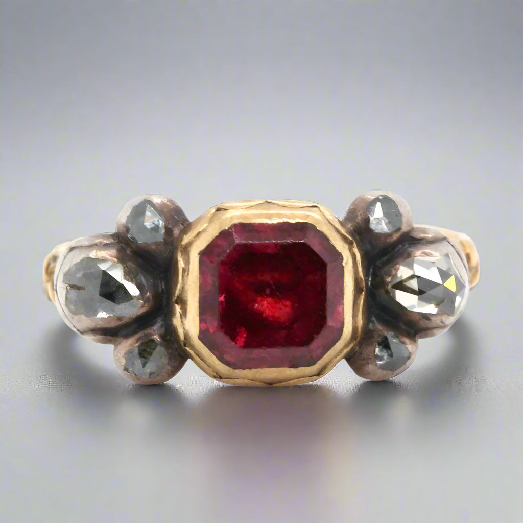 17th Century Garnet and Rose Cut Diamond Ring-Charlotte Sayers Antique Jewellery