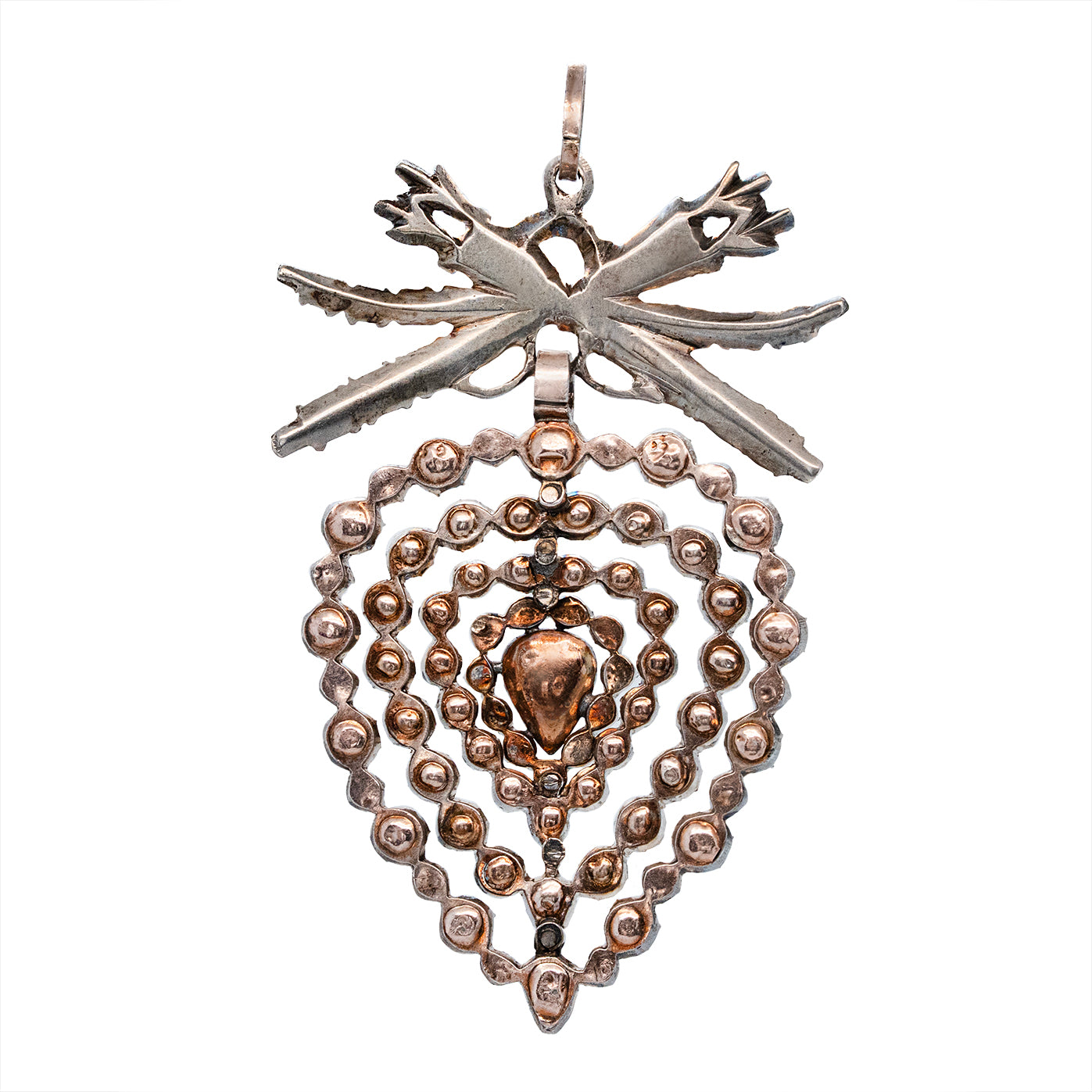 18th Century Rose Cut Diamond Flemish Heart and Bow Pendant-Charlotte Sayers Antique Jewellery