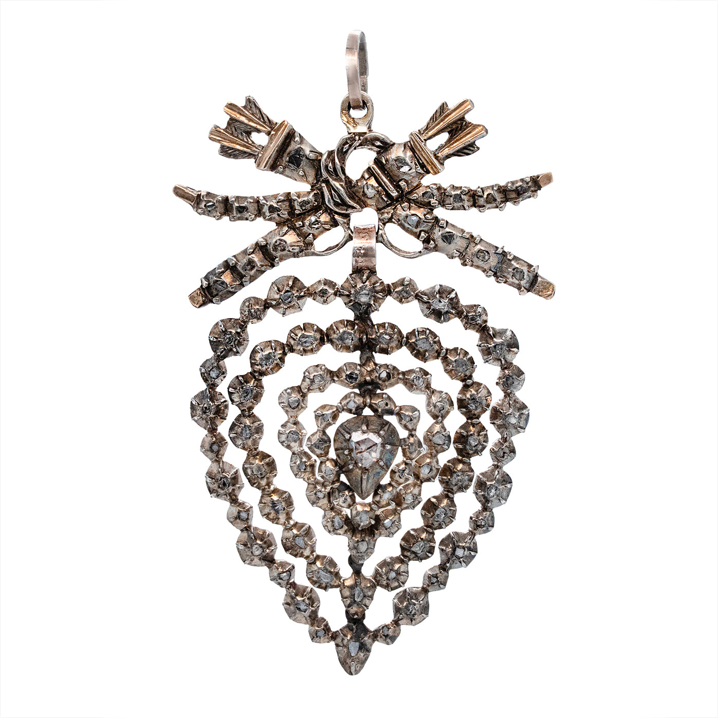 18th Century Rose Cut Diamond Flemish Heart and Bow Pendant-Charlotte Sayers Antique Jewellery