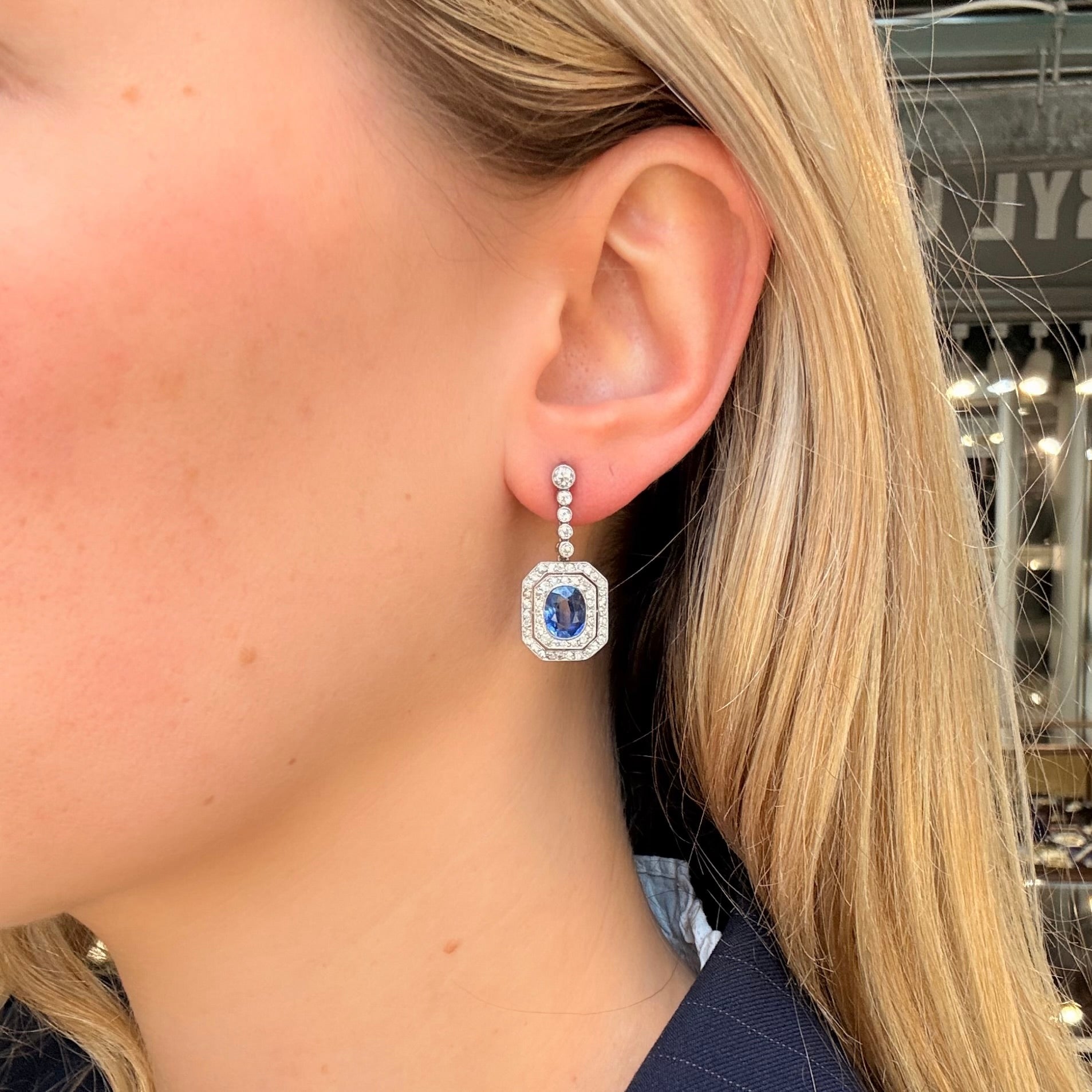 1920's Sapphire and Diamond Earrings-Charlotte Sayers Antique Jewellery