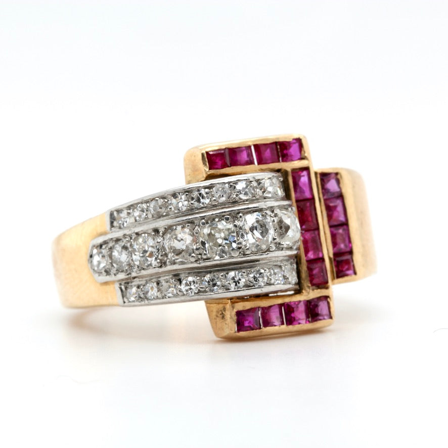 1940's Ruby and Diamond Buckle Ring-Charlotte Sayers Antique Jewellery