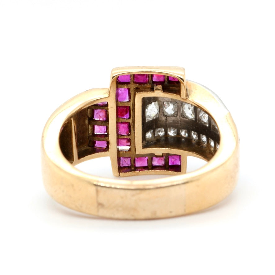 1940's Ruby and Diamond Buckle Ring-Charlotte Sayers Antique Jewellery