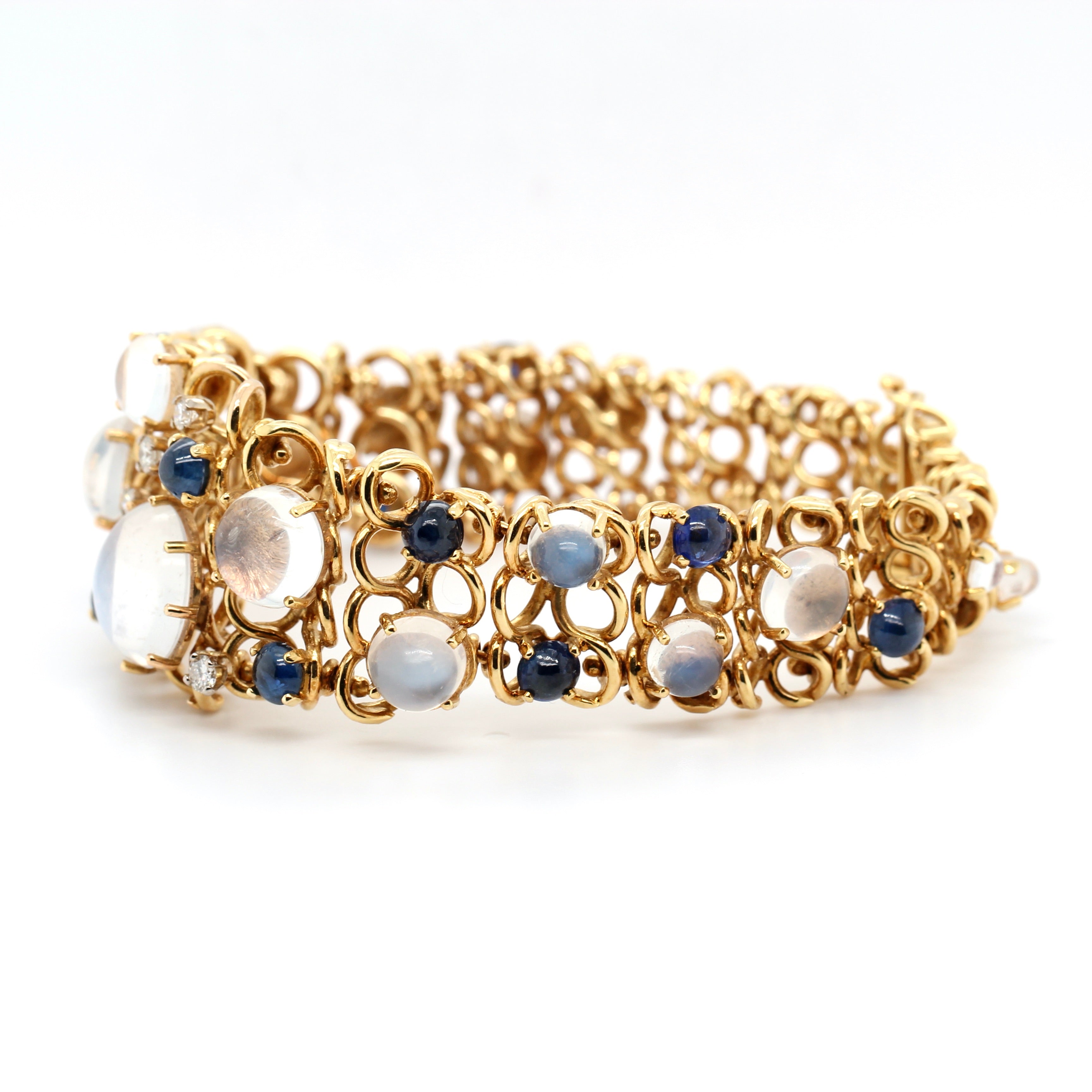 1970's Moonstone, Sapphire & Diamond Bracelet-Charlotte Sayers Antique Jewellery