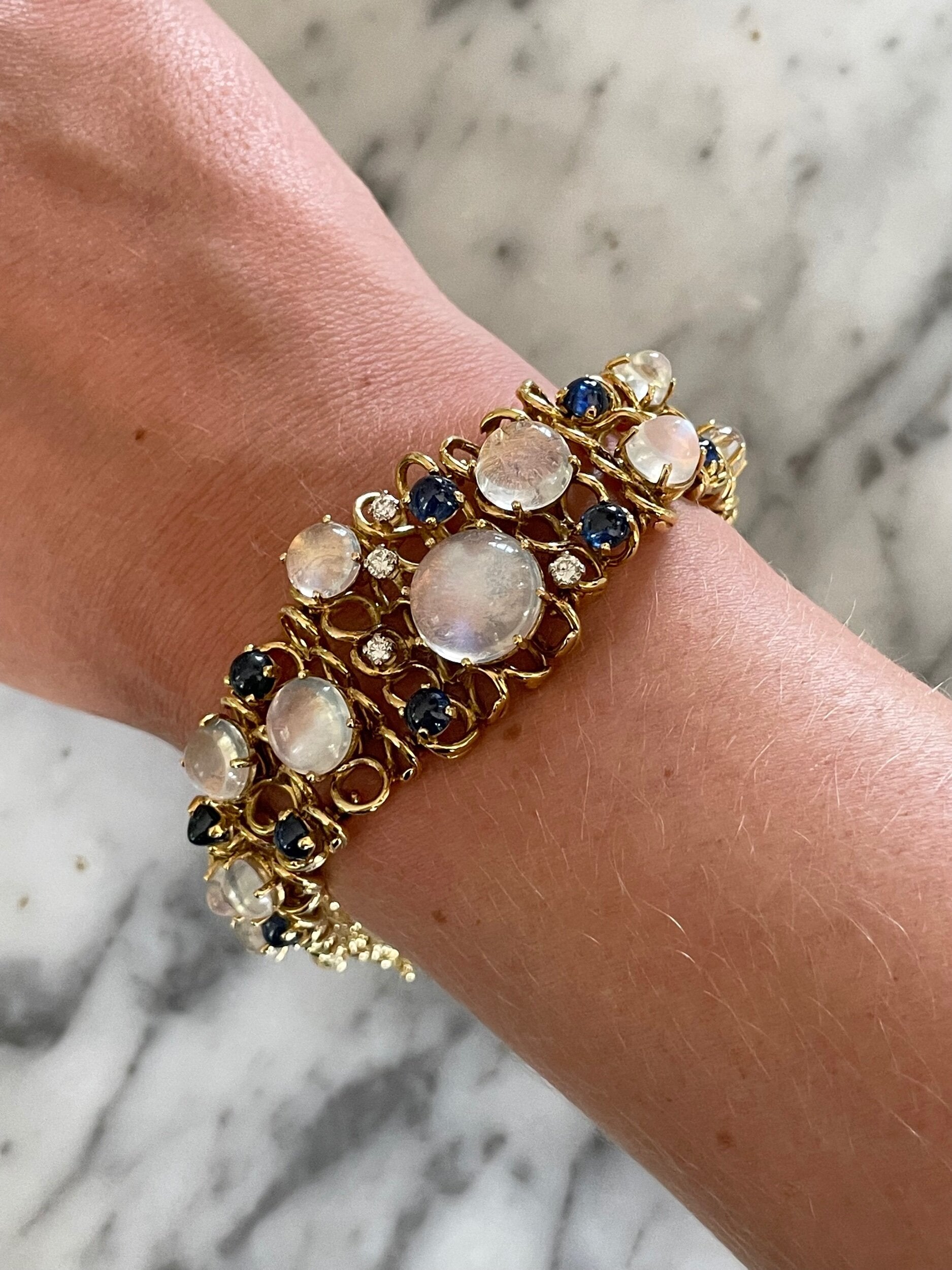 1970's Moonstone, Sapphire & Diamond Bracelet-Charlotte Sayers Antique Jewellery