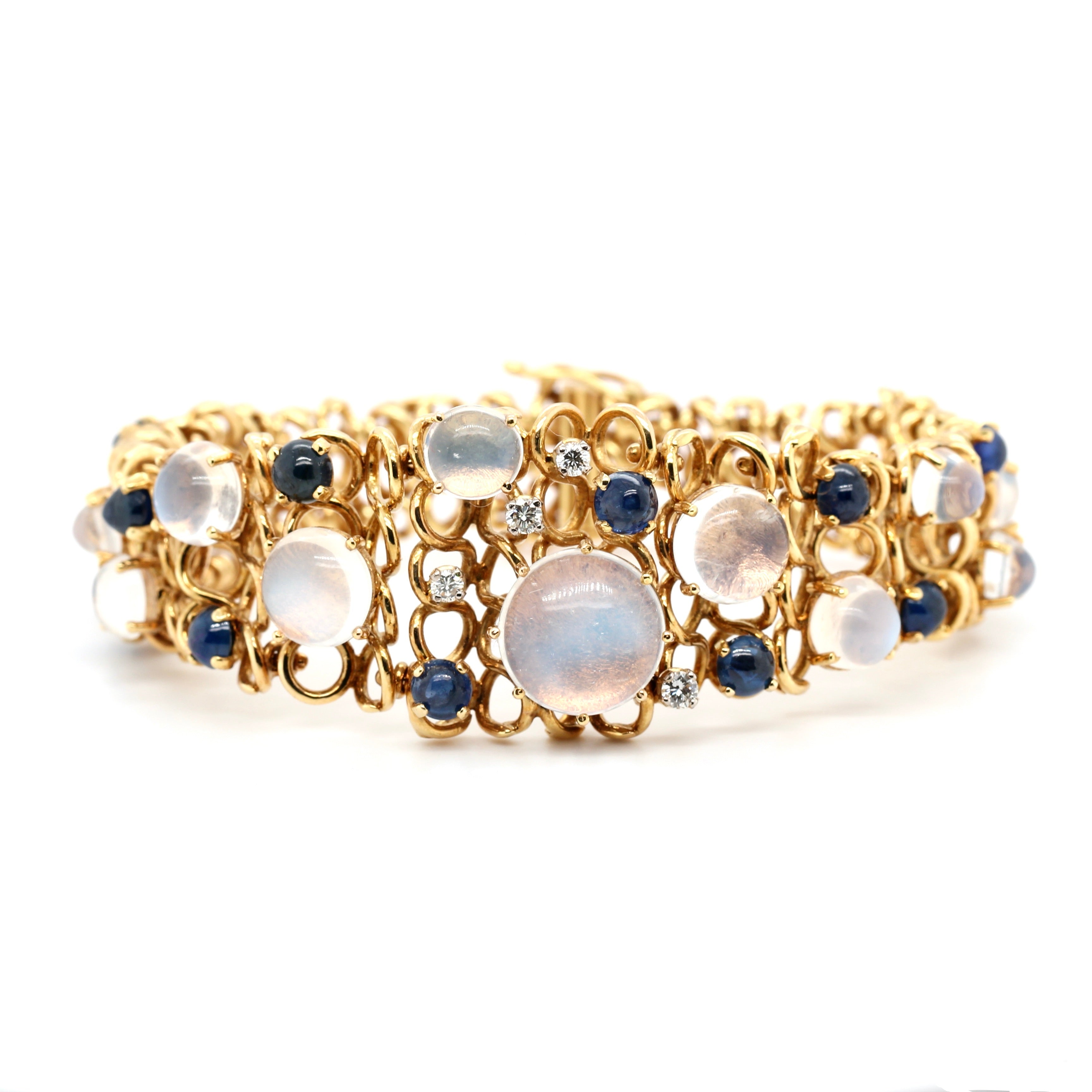 1970's Moonstone, Sapphire & Diamond Bracelet-Charlotte Sayers Antique Jewellery