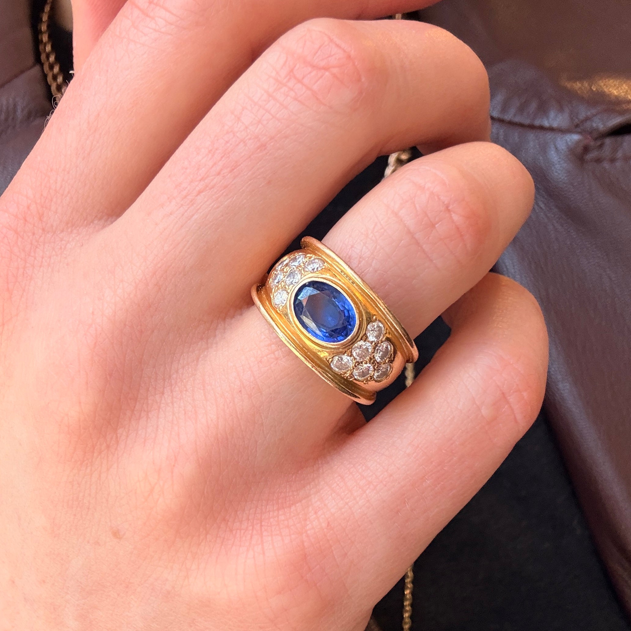 1970s Sapphire and Diamond Chunky Gold Band Ring-Charlotte Sayers Antique Jewellery