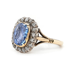 Early Victorian Sapphire Intaglio and Diamond Ring