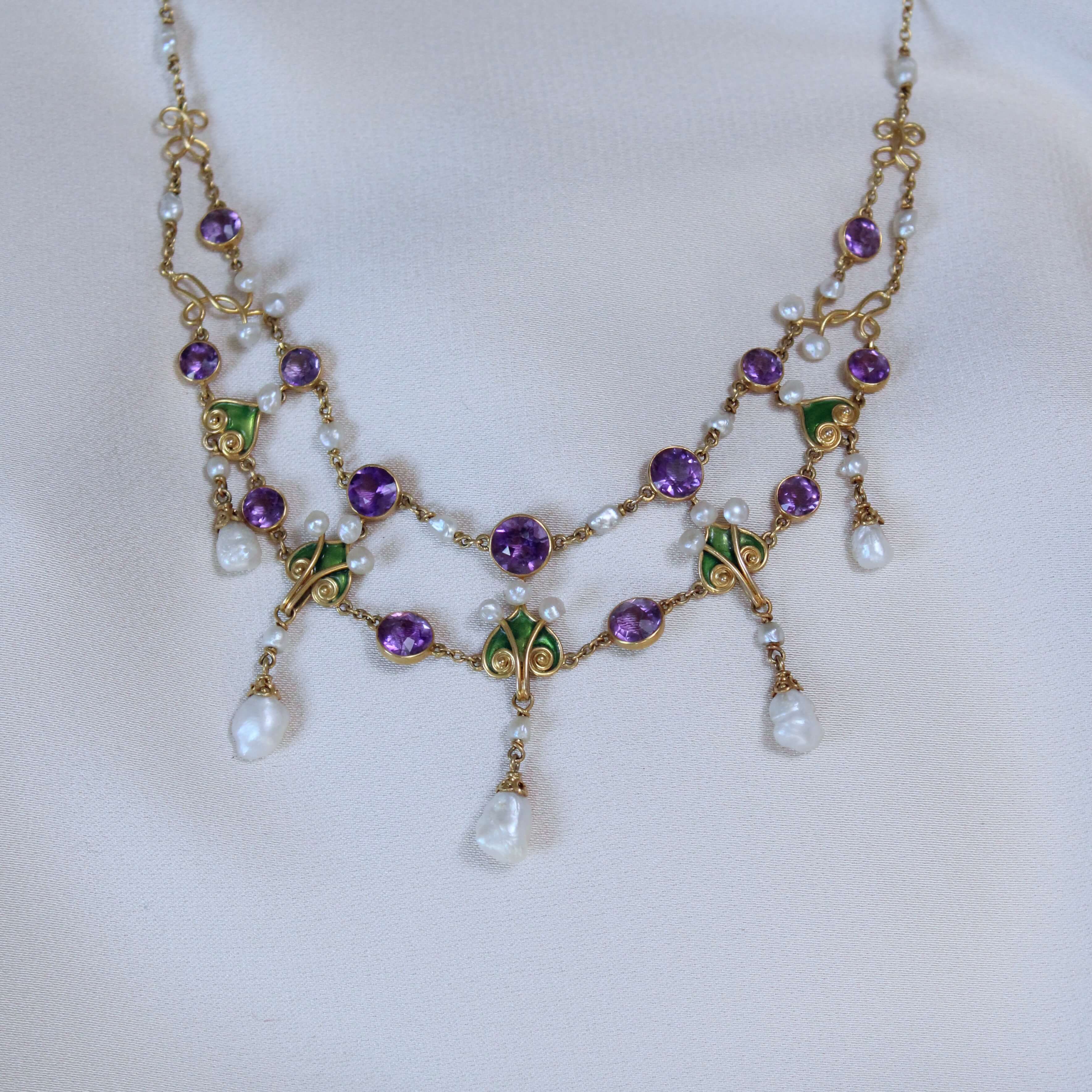Amethyst Pearl and Green Enamel Necklace-Charlotte Sayers Antique Jewellery