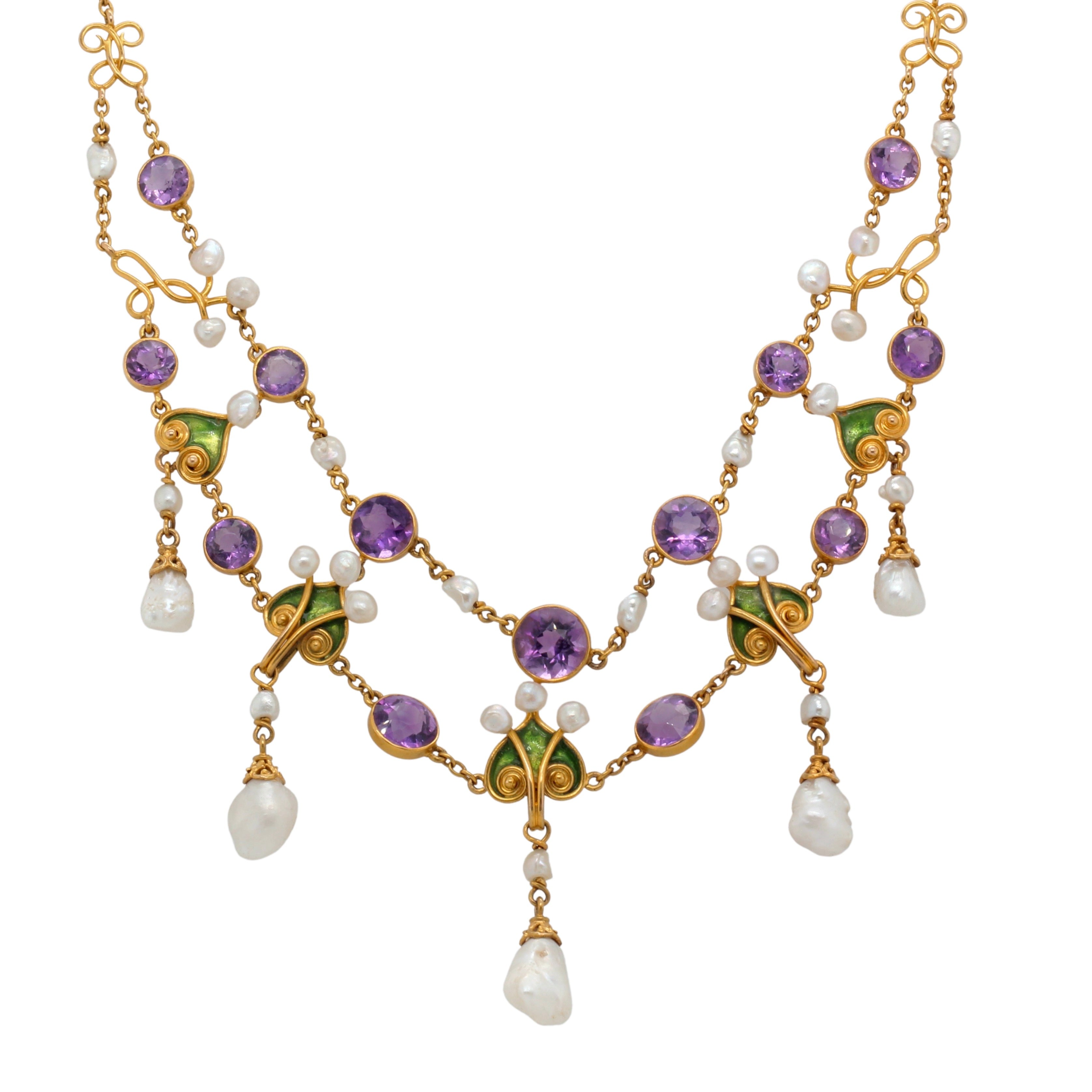 Amethyst Pearl and Green Enamel Necklace-Charlotte Sayers Antique Jewellery