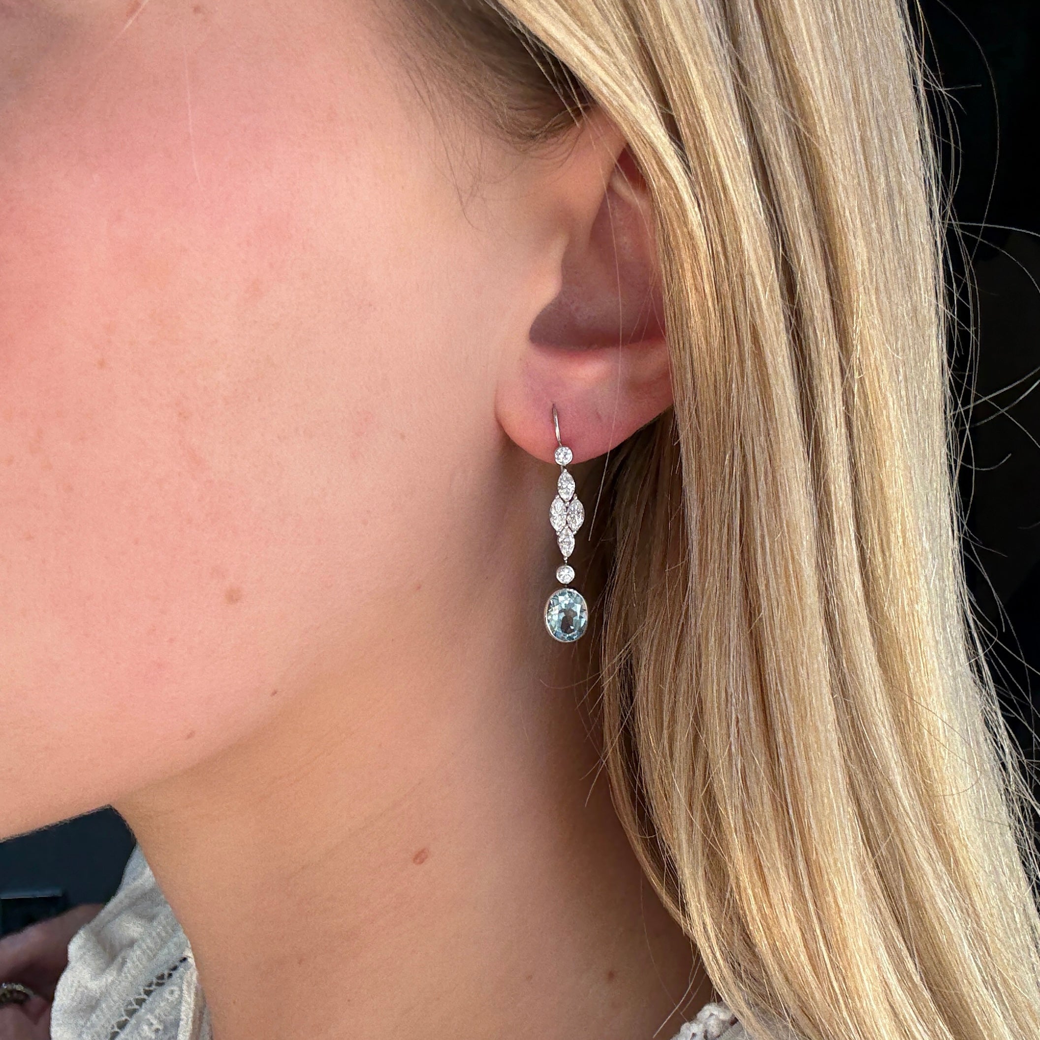 Aquamarine & Diamond Drop Earrings-Charlotte Sayers Antique Jewellery
