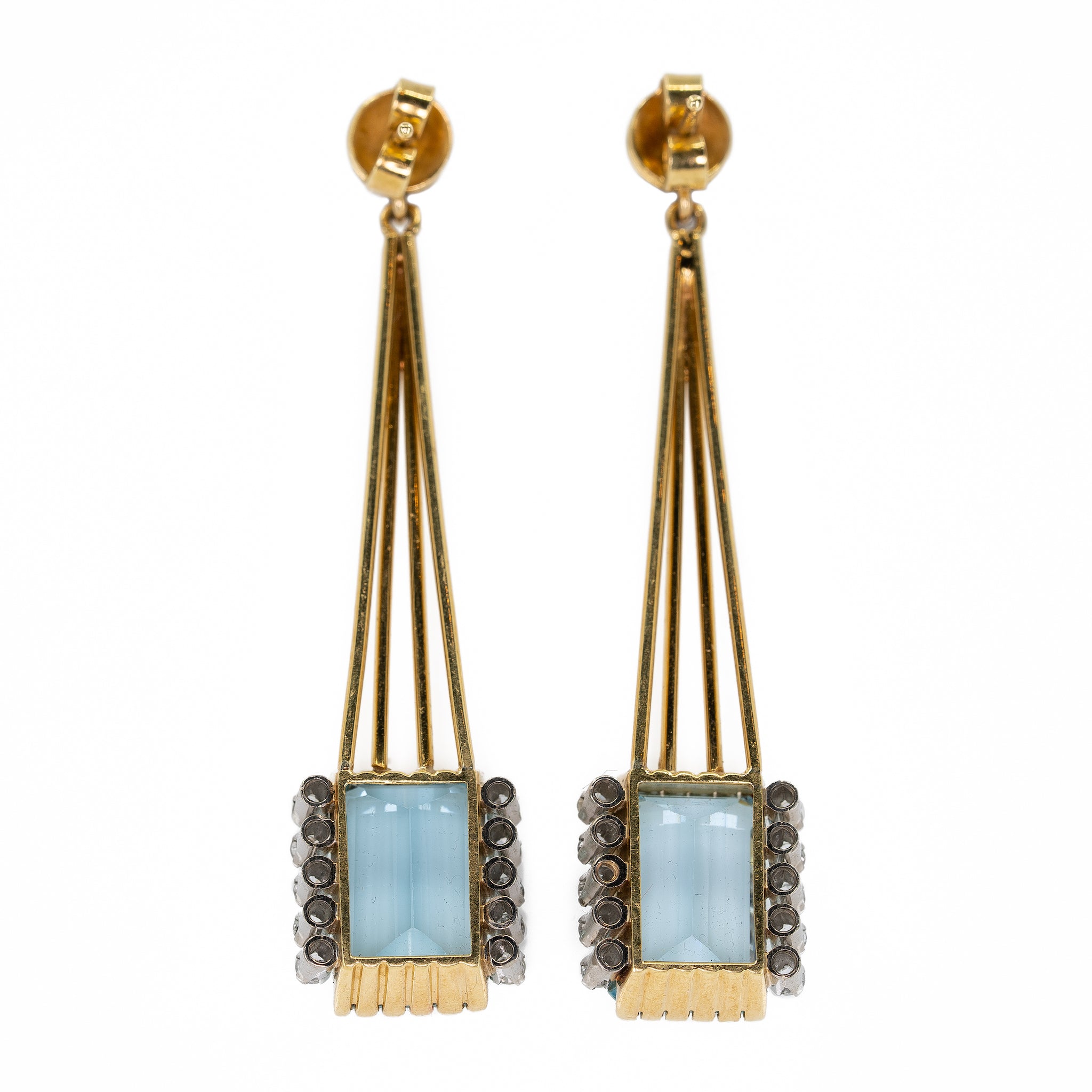 Aquamarine, Yellow Gold and Diamond Drop Earrings-Charlotte Sayers Antique Jewellery