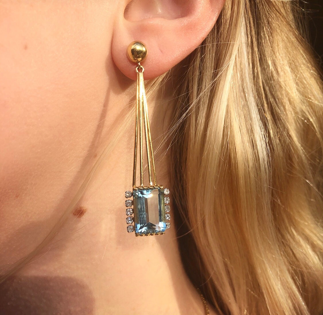 Aquamarine, Yellow Gold and Diamond Drop Earrings-Charlotte Sayers Antique Jewellery