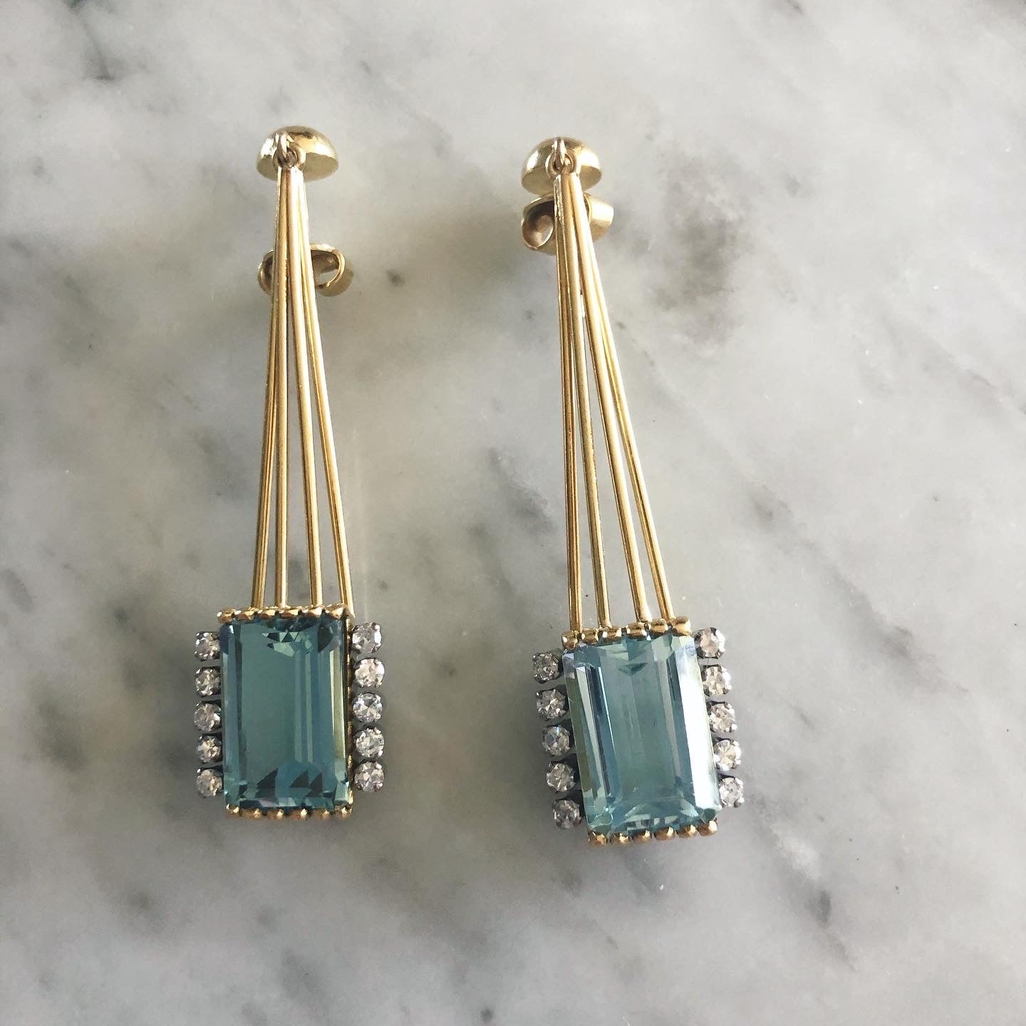 Aquamarine, Yellow Gold and Diamond Drop Earrings-Charlotte Sayers Antique Jewellery