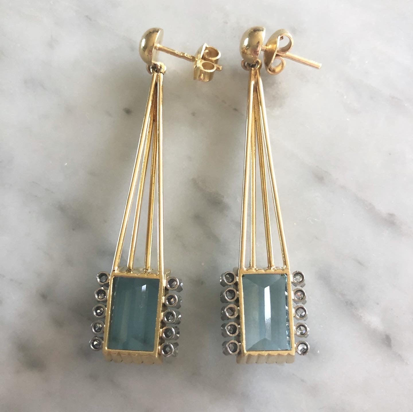 Aquamarine, Yellow Gold and Diamond Drop Earrings-Charlotte Sayers Antique Jewellery