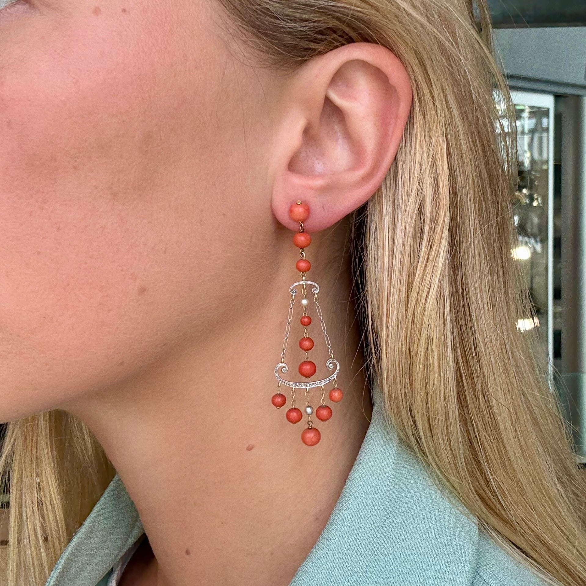 Art Deco Coral, Pearl and Diamond Drop Earrings-Charlotte Sayers Antique Jewellery